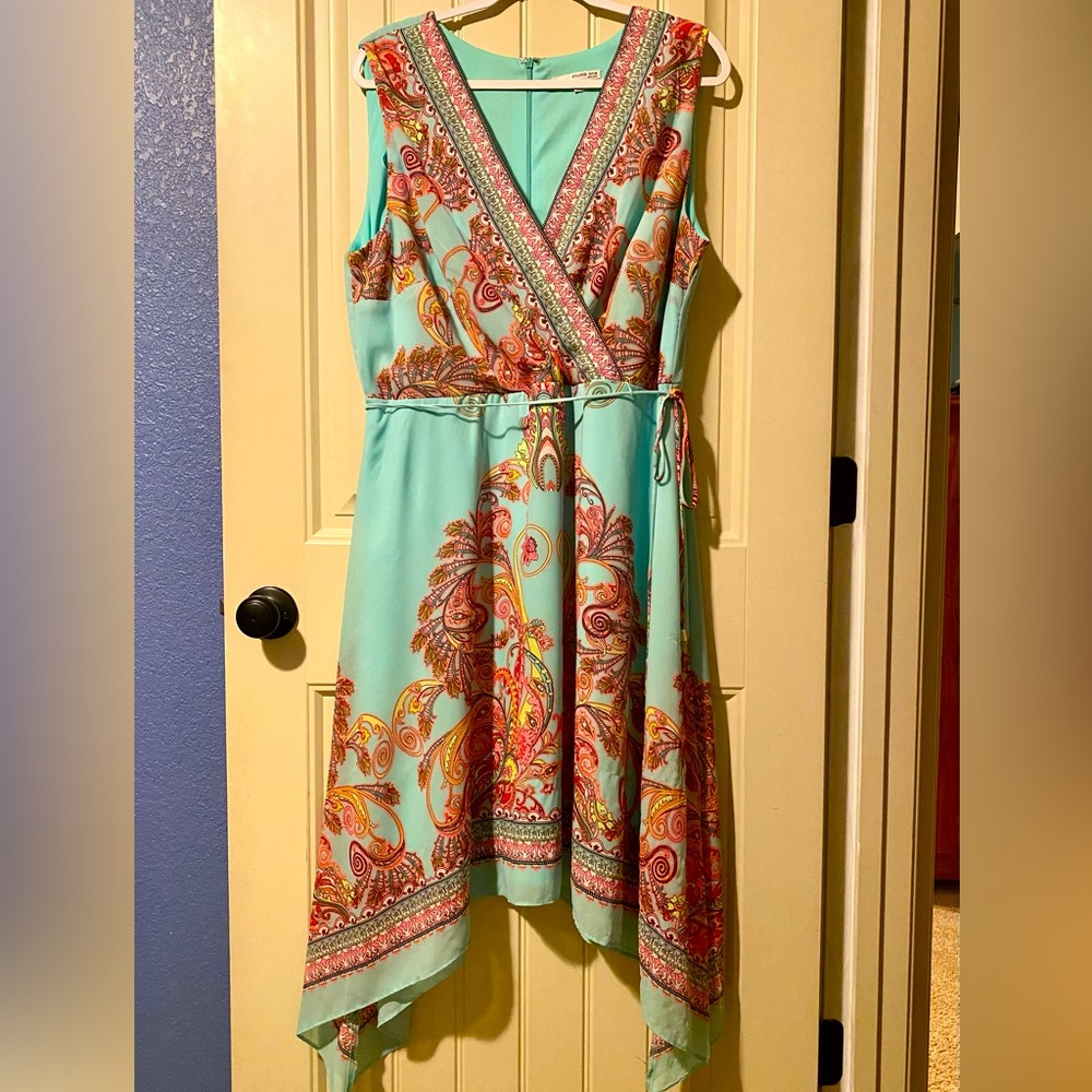 Studio One Turquoise Paisley Handkerchief-Hem Dress with Red & Gold Accents